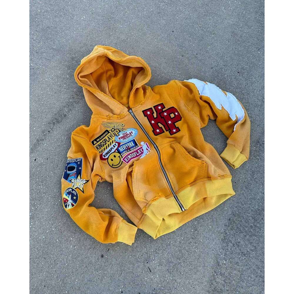 Y2k Fashion Retro Punk Trendy Brand Zipper Hoodie Mens American Street Haruku Hip Hop Letter Embroidered Oversized Sweatshirt