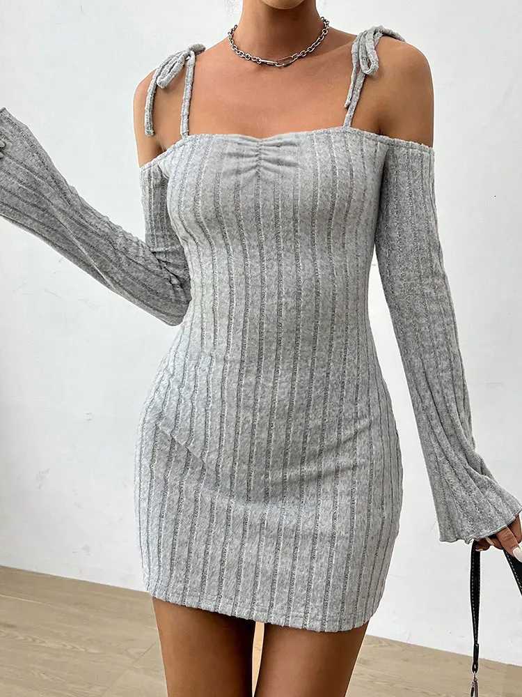 Spring New Dresses Women Streetwear Fashion Long Sleeve Lace-up Casual Slim Mini Dress Solid Sexy Off Shoulder Backless Dresses XJ250814
