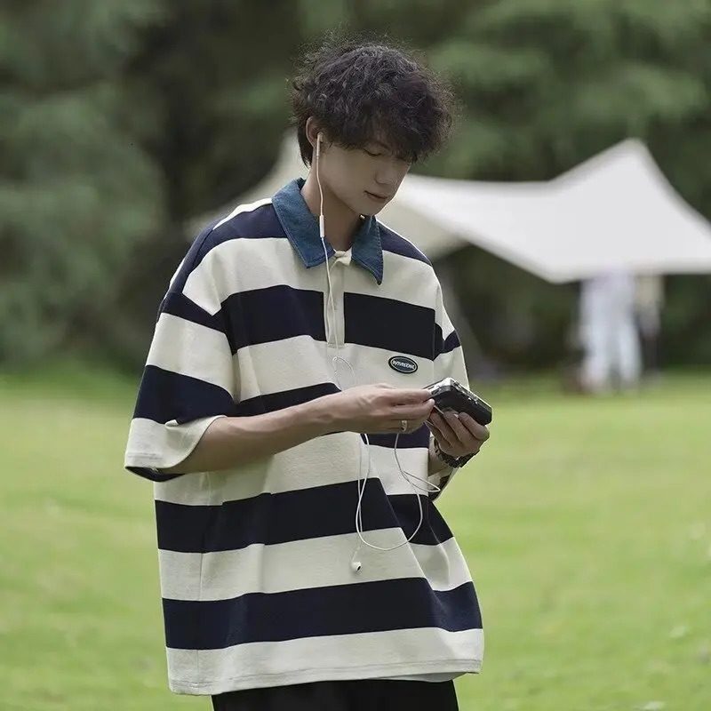 Japanese Retro Striped Color Blocked Short Sleeved Polo Shirt For Mens Y2k Summer Trend Loose And Versatile Polo Shirt Fashion 250813