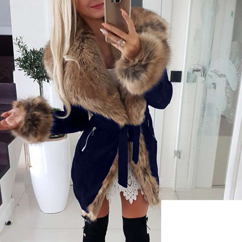 Women Autumn Winter Slim Faux Fur Collar Fashion Cotton Jacket Parka Long Sleeve Warm Coat