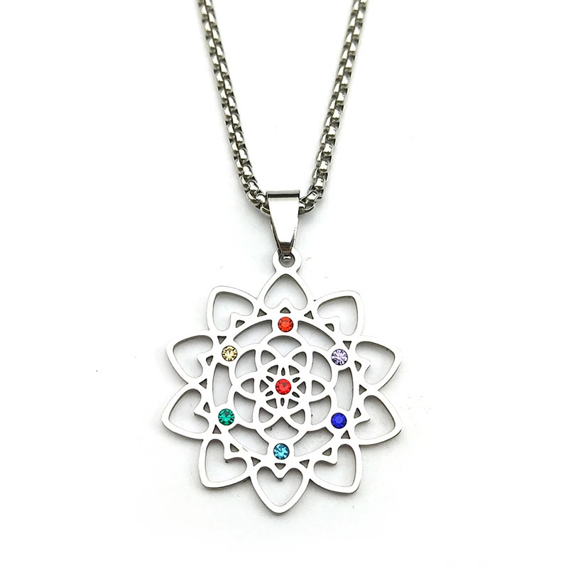 7 Chakra Sacred Geometry Metatron Heart Necklace For Women Flower Of Life Love Stainless Steel Silver Color Chain Jewelry Gifts 250812