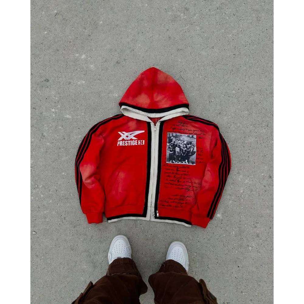 American Fashion Trend Zipper Patchwork Design Coat Hoodie Gothic Haruku Hip Hop Men Streetwear Oversized Sweatshirt