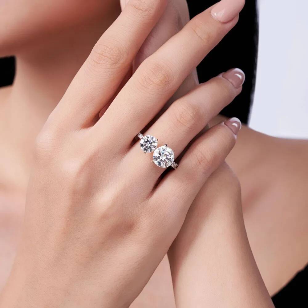 NKHOG Full Moissanite Open Rings For Women 925 Sterling Silver 2 Stones Design Diamond Band 18K Plated No Fade Fine Jewelry GRA