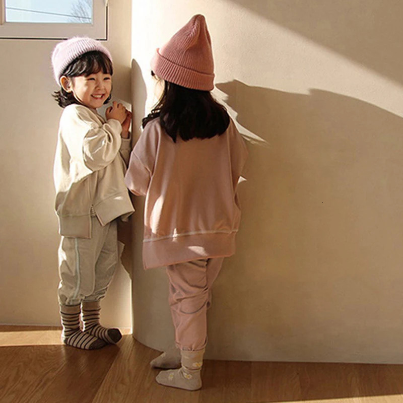 Kids Korean Style Sweatshirt Outfits Solid Cotton Autumn SweatwearPants Boys Girls Casual Suit For Toddler Children Sets 250813