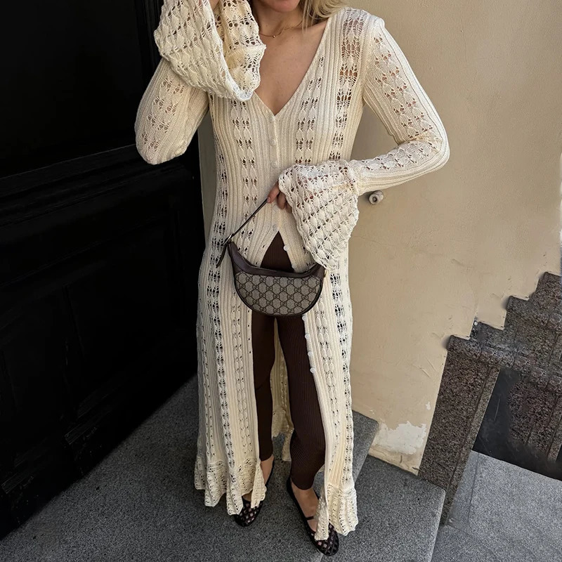 Tornova Fashion Hollow Knitted Dress For Women Flared Long Sleeve Casual Vacation Maxi Dress Summer Buttons Dress Knitwear 250813