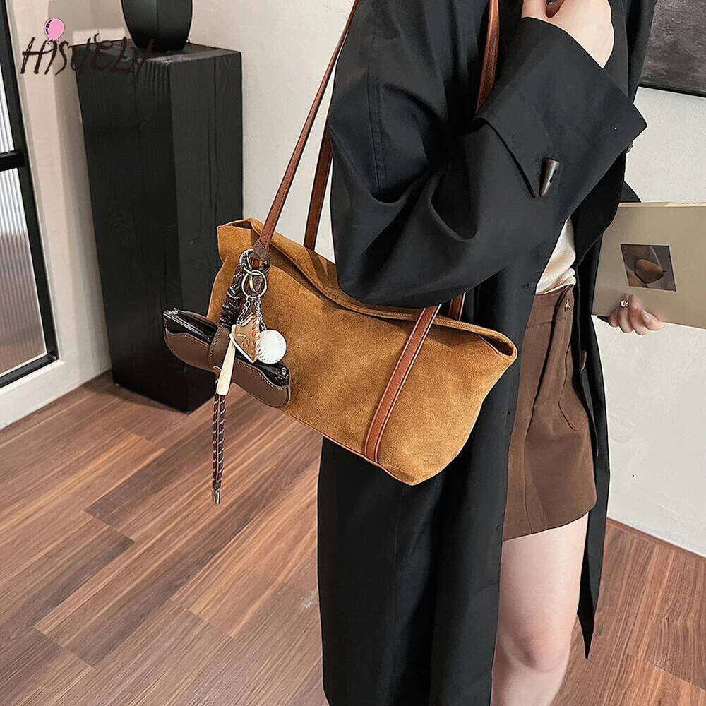 Women Suede Shoulder With Inner Pocket Flap Underarm Solid Retro Satchel Bag Female Fashion Large Handbag Clutch Tote