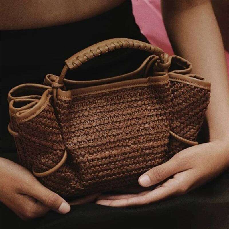 Brown Leather Braided Handbag Niche Exquisite Versatile Pleated Shoulder Women's Fashion Brand Solid Color Bucket Bag