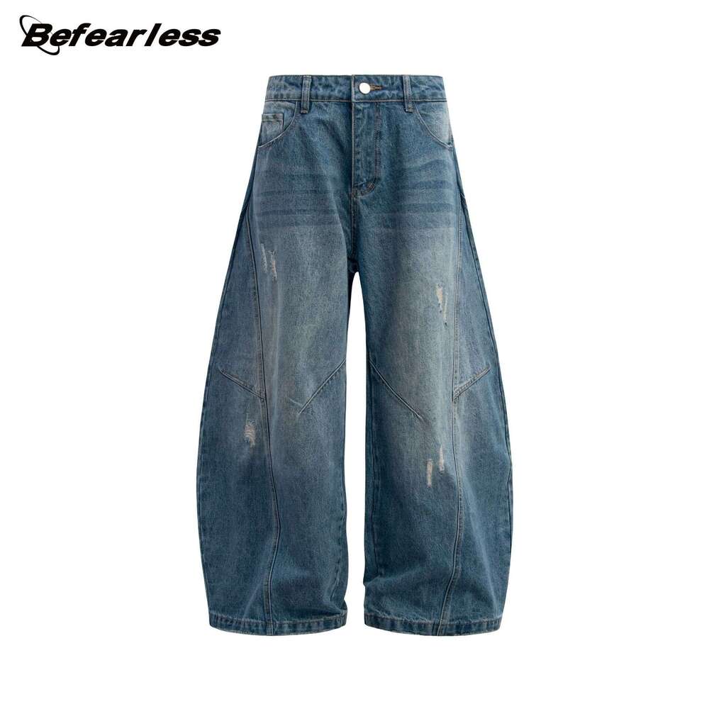 American Style Washed Vintage Cat Whisker Silhouette Jeans Unisex Trendy Loose Fit Floor-Length Scythe Pants B5