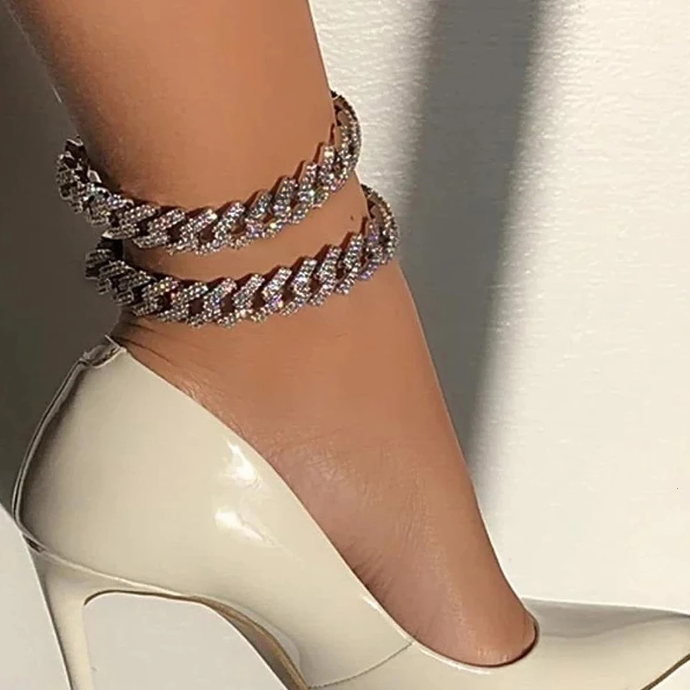 Punk 20MM Prong Heavy Cuban Ankle Chain For Women Iced Out Rhinestones Paved Miami Cuban Link Chain Anklet Bracelet Jewelry Gift 250813