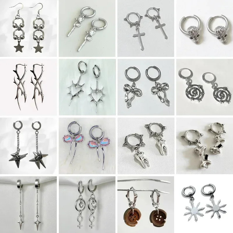 Y2k Gothic tie Stainless Steel Rivets Hoop Earring Hip Hop Punk Teeth Heart Bow Star Dangle Earrings Party Jewelry 250812