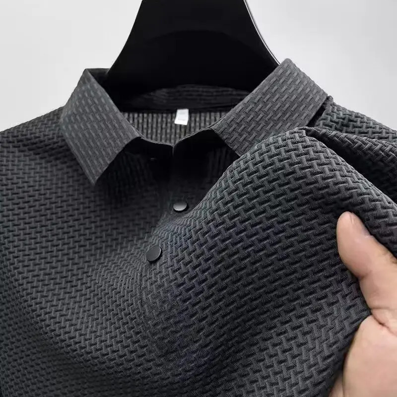 Summer Mens Lop-up Hollow Short-sleeved Polo Tee Shirt Ice Silk Breathable Business Fashion T-Shirt Male Clothes 250813