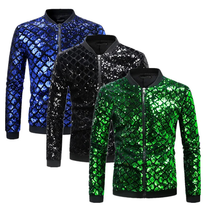 Fashion Men Baseball Collar Sequin Jacket Green / Black / Blue Trendy Homme Party Dance Bar KTV Casual Coat 250811