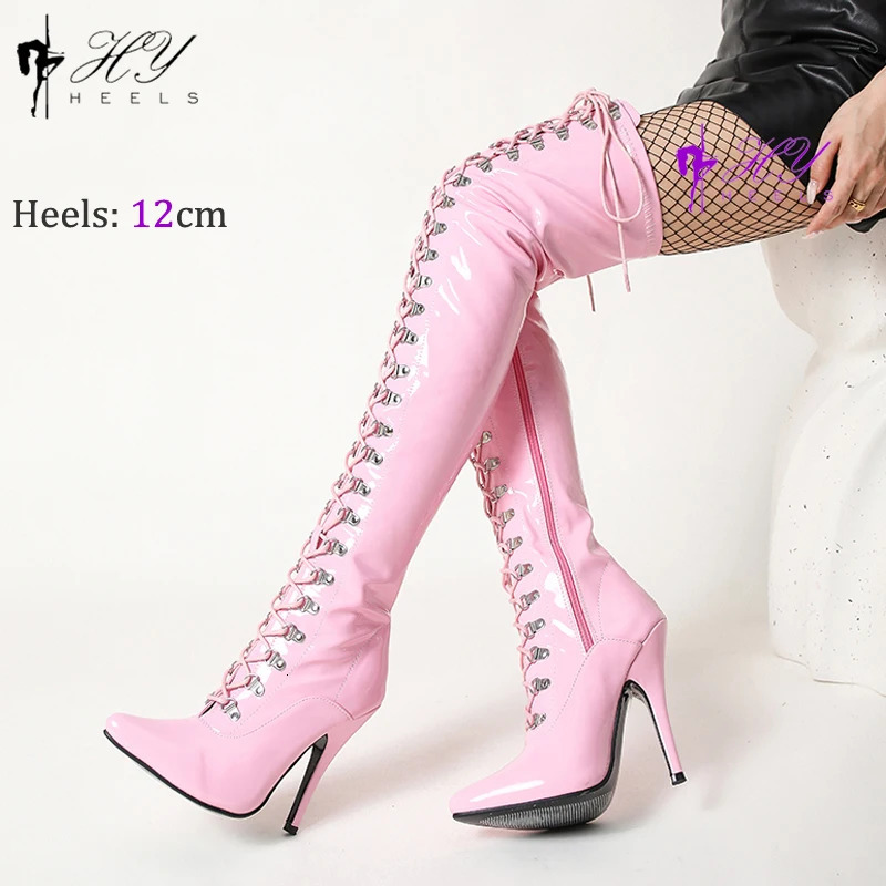Sexy Black Over-The-Knee 12Cm/5Inchs Thigh High Boots Shiny Leather Long Stripper Women Boots High Heels Shoes Female 250812