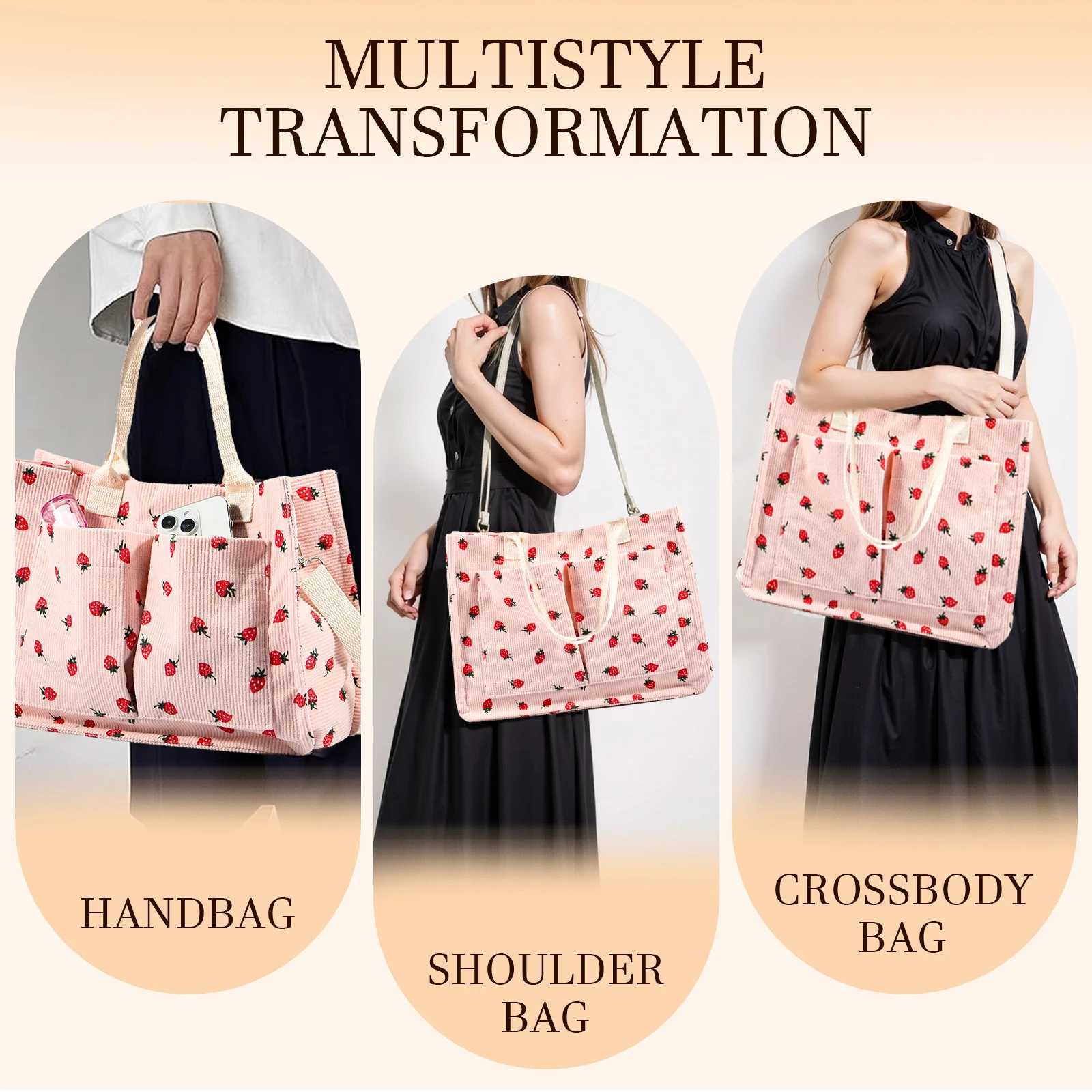 Tote Bag Cute Strawberry Patched Purse for Women Fabric Large Capacity Tote Purse Enduring Tote Bag with Adjustable Shoulder Y250813