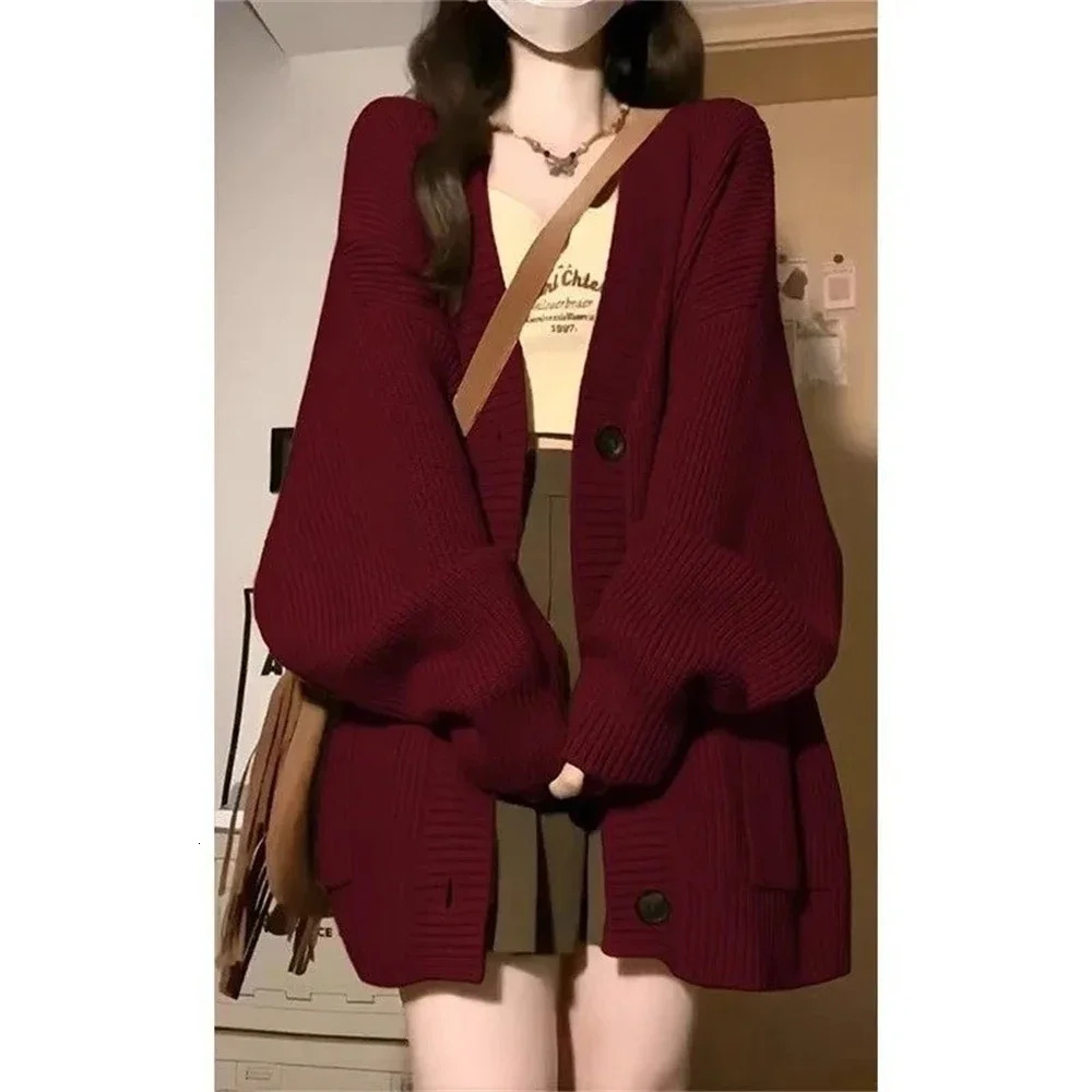 Lazy Style Knitted Cardigan Jacket Female Burgundy Sweater Students Autumn Winter Loose Oversized Year Trendy Coat Tops Gift 250812