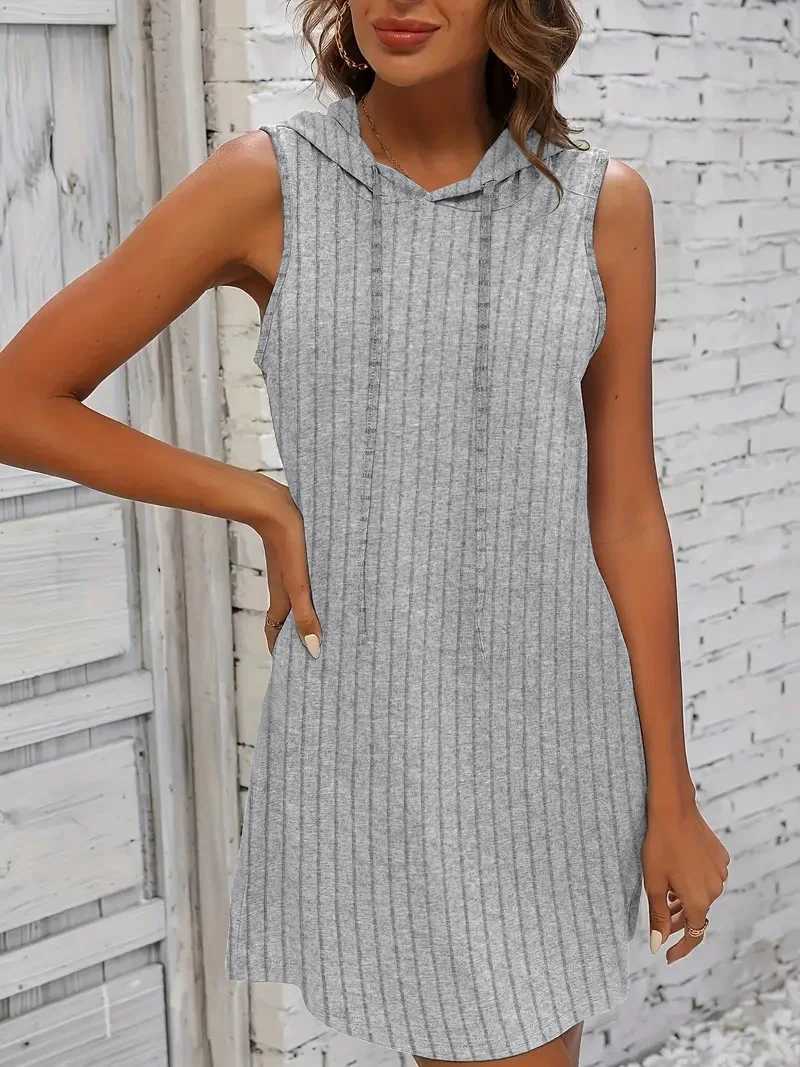 Hooded Sleeveless Dress Short Skirt Drawstring Casual Summer Sweater Dress XJ250814