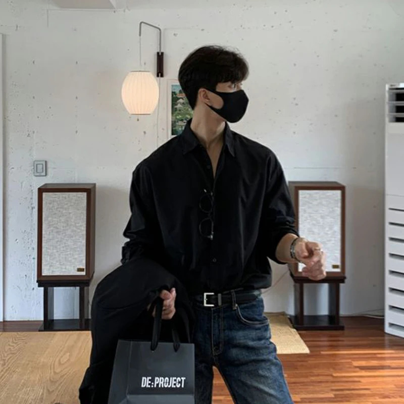 Korean Business Men Shirts Light Slim-fit Solid Color Long Sleeve Cardigans Leisure Breathable Solid Color Basic Tops 250813