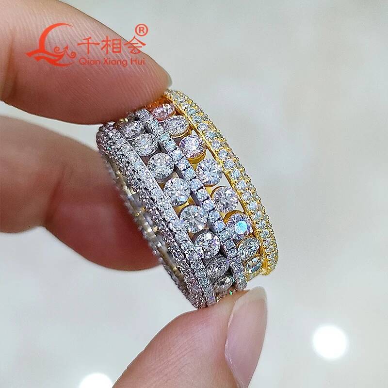Double Color Yellow And Silver 11.8mm Full Moissanite Ring with round Brilliant Diamonds - Engagement Wedding Jewelryr Men Women