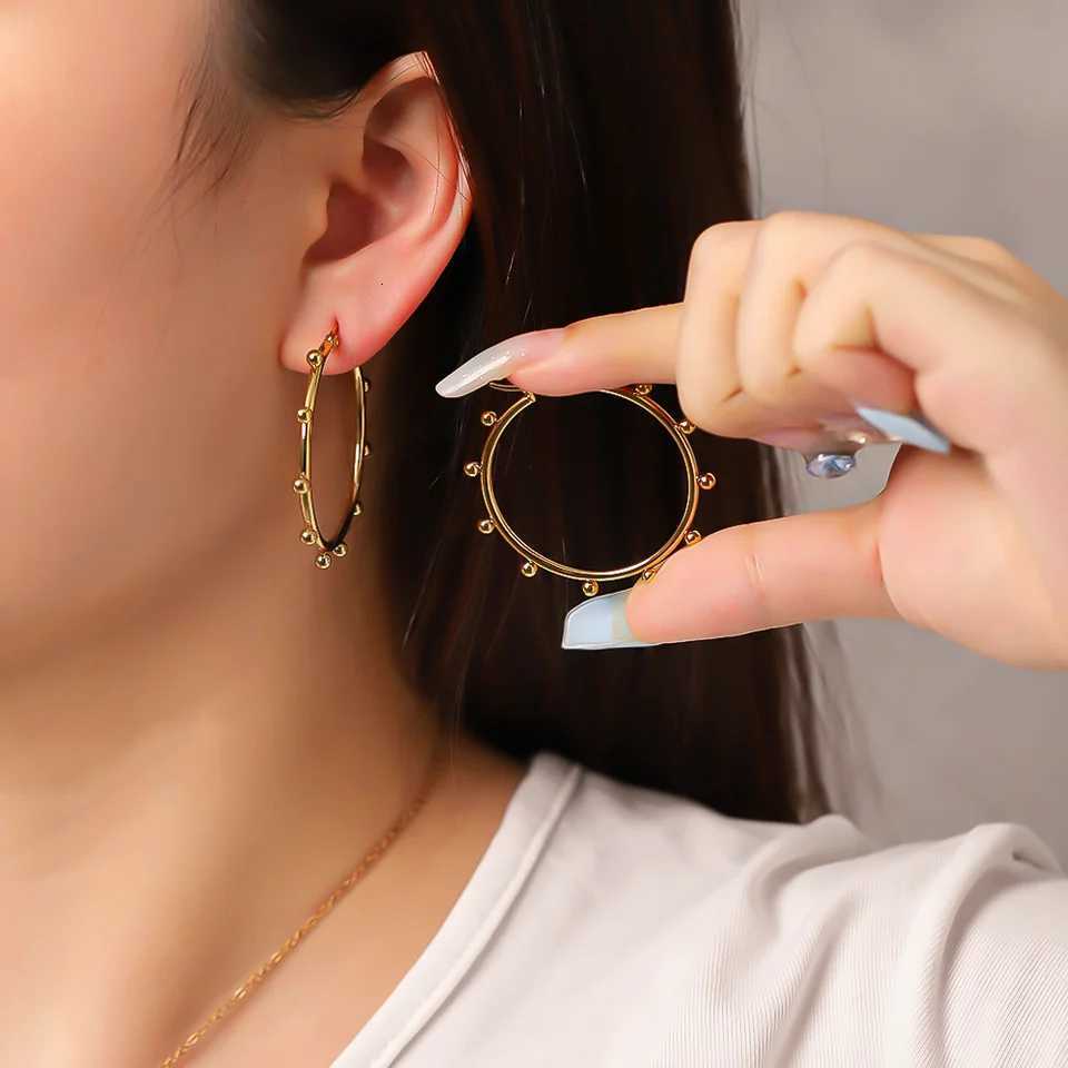 Womens Geometric Round Steel Ball Stainless Steel Hoop Earrings Electroplated Gold Color Non Fading Earrings XJ250814