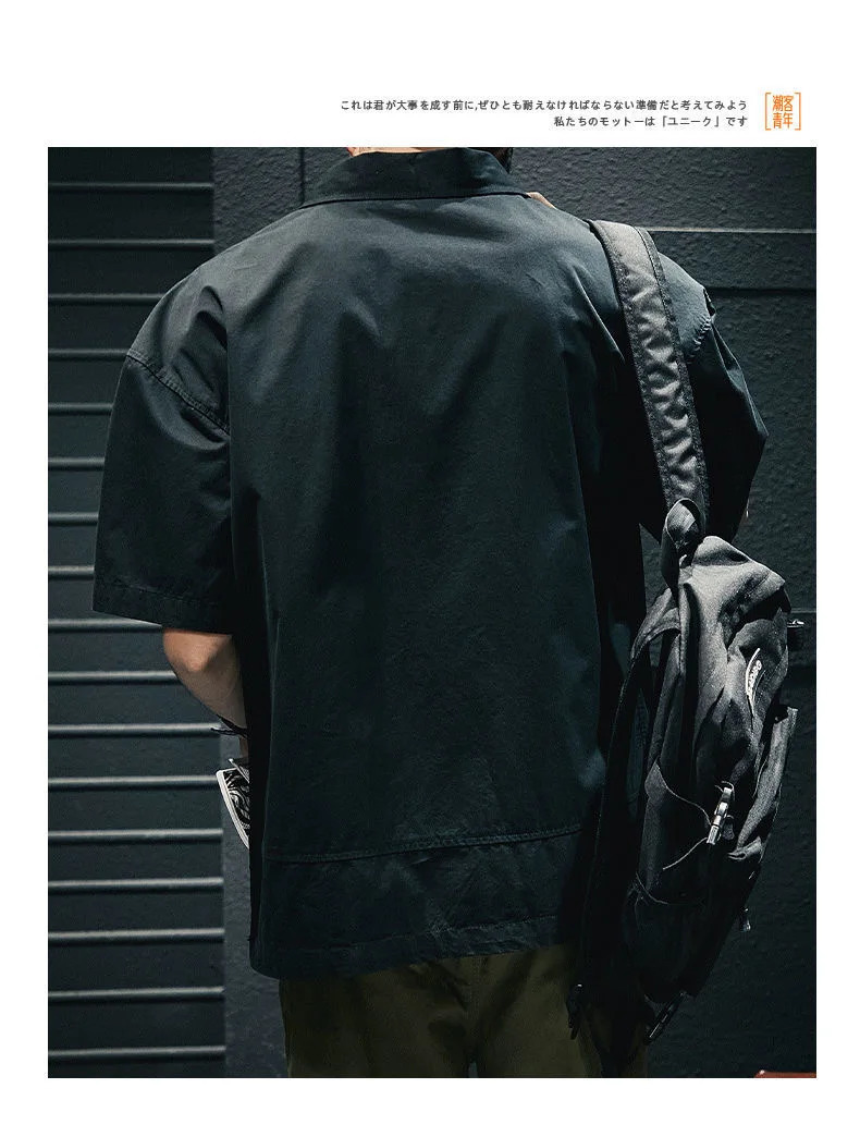 Korea American Casual Mens T-shirt Summer Tooling Style Short Sleeve Pocket Shirt Collar Mens Clothing Loose Plus Size Top 250813