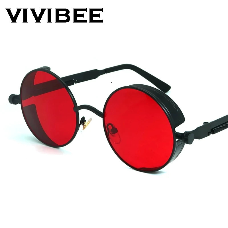 VIVIBEE Vintage Steampunk Red Sunglasses Men Round Punk Alloy Metal Retro Sun Glasse 2025 Goggles Gothic Style Shades 250804