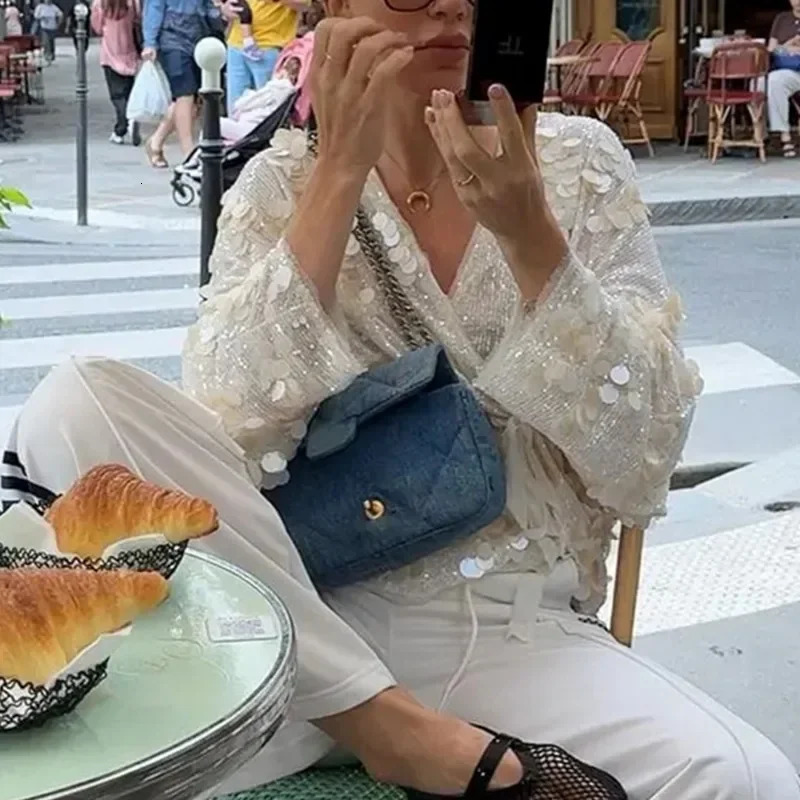 Womens Shiny Jacket Solid V-Neck Lace-up Sequined Long Sleeve Coat Streetwear Female Autumn Casual Top Jacket Outfits 250811