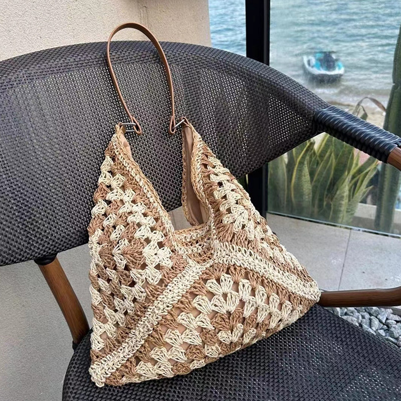 Handmade Straw Hollow Square Flower Large Triangle Color-Block Woven Vacation Beach Single Shoulder Tote Bag for Women