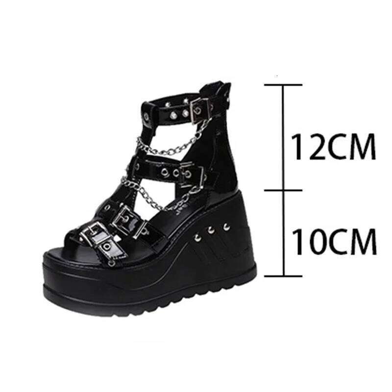 Women Wedges High Heel Gothic Punk Comfy Walking Back Zip Chains Platform Ladies Shoes Sandalias De Mujer Verano 2024