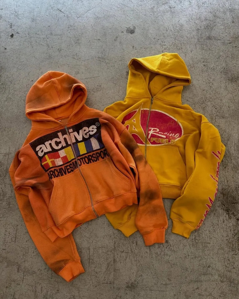 American Retro Casual Versatile Letter Print Oversized Zipper Hoodie Men Y2k Hip-hop High Street Trendy Sweatshirt Women 250813