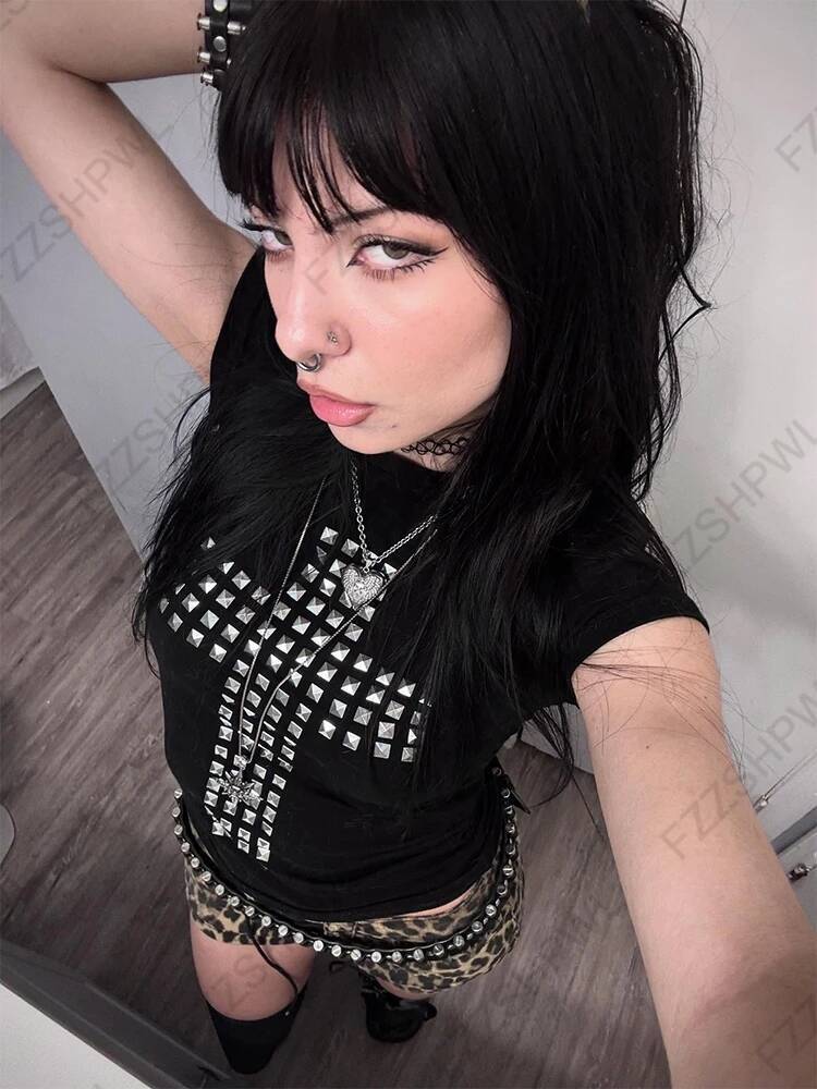 2025 Gothic punk rock hip-hop women's short sleeved T-shirt sexy slim fit chic casual basic metal decoration crop trend top Y K Emo girls' c