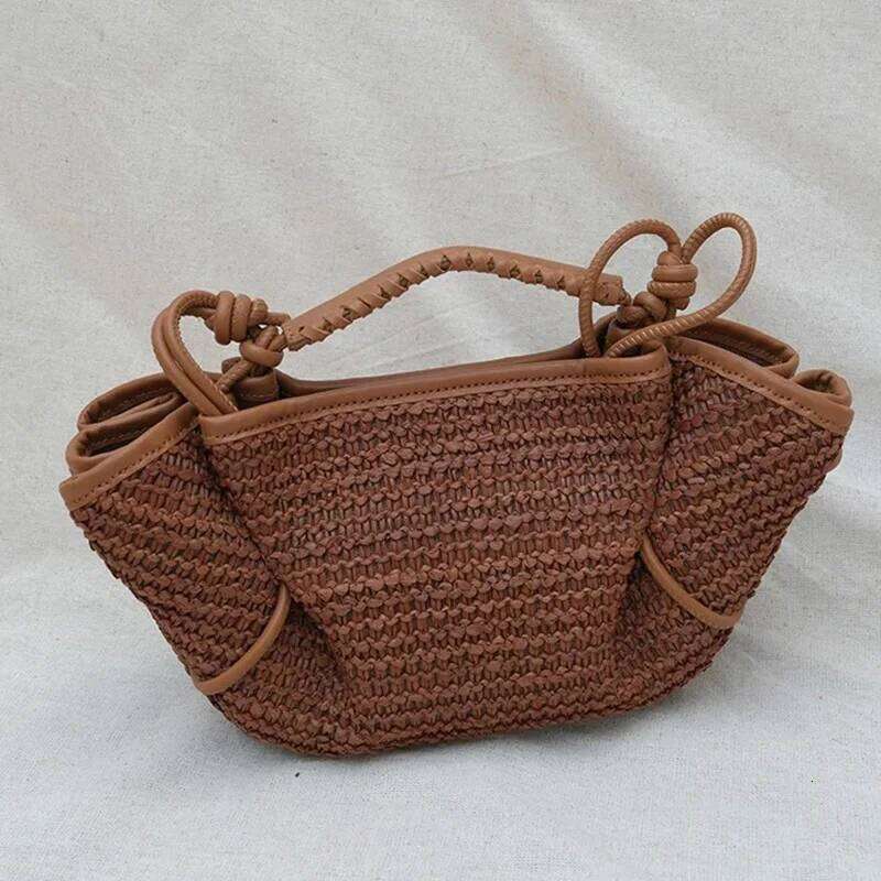 Brown Leather Braided Handbag Niche Exquisite Versatile Pleated Shoulder Women's Fashion Brand Solid Color Bucket Bag