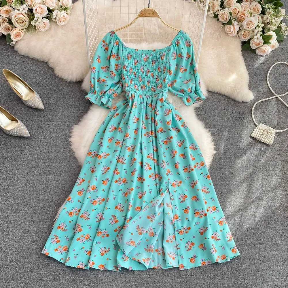 2026 Fashion New Summer Flower Print Long Dress Women Vintage Square Neck Ruched Chest Split Sundress Party Dresses XJ250814