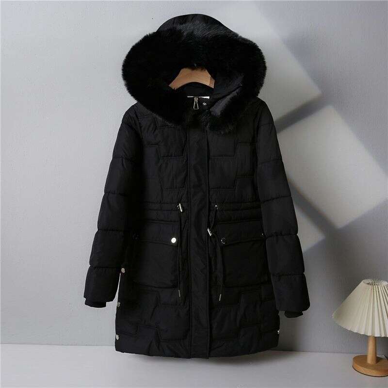 Autumn Winter Women Parkas Korean Fashion Solid Fur Collar Hooded Pockets Zipper Thicken Long Drawstring Down Coats Tops