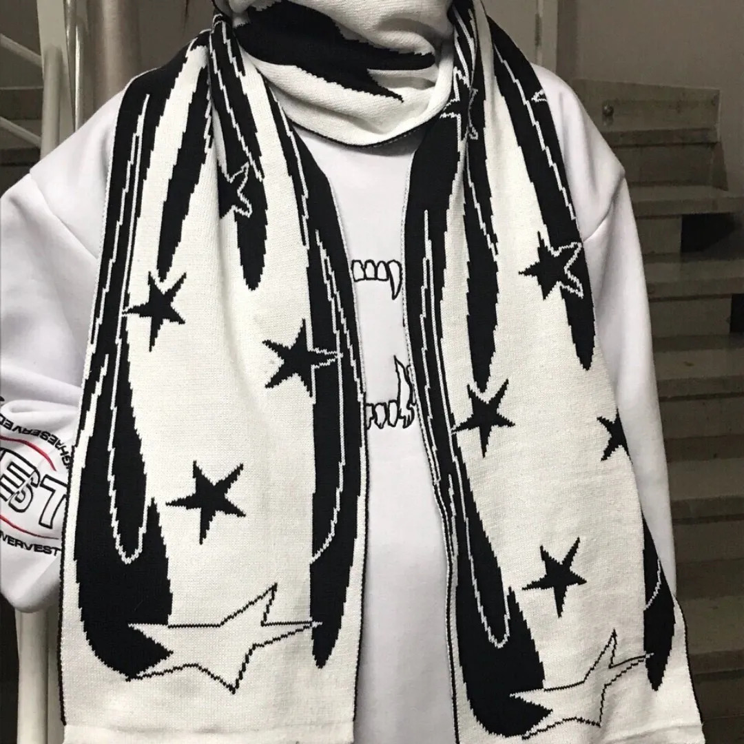Fashion creative star Y2K striped knitted womens scarf mens winter scarf apron black tassel luminous Y2K Kpop 250813