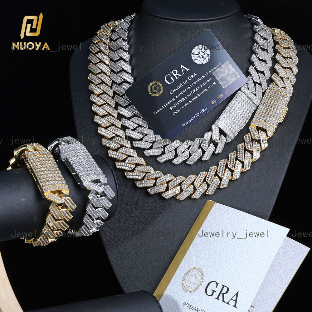 NUOYA Fine Jewelry 20mm 925 Sterling Silver Chunky Cuban Link Chain Pass Diamond Test Baguette VVS Moissanite Necklace Women