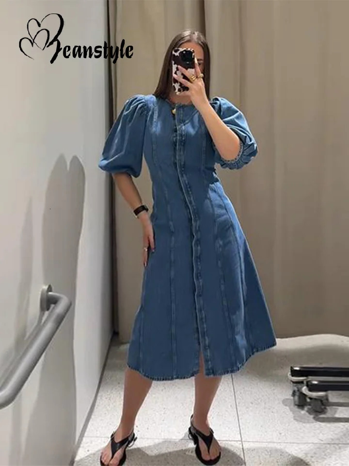 Denim Puff Short Sleeve Womens Dress Summer O-neck Covered Button Long Dresses Female 2025 Fashion Fit A-line Lady Robe 250813