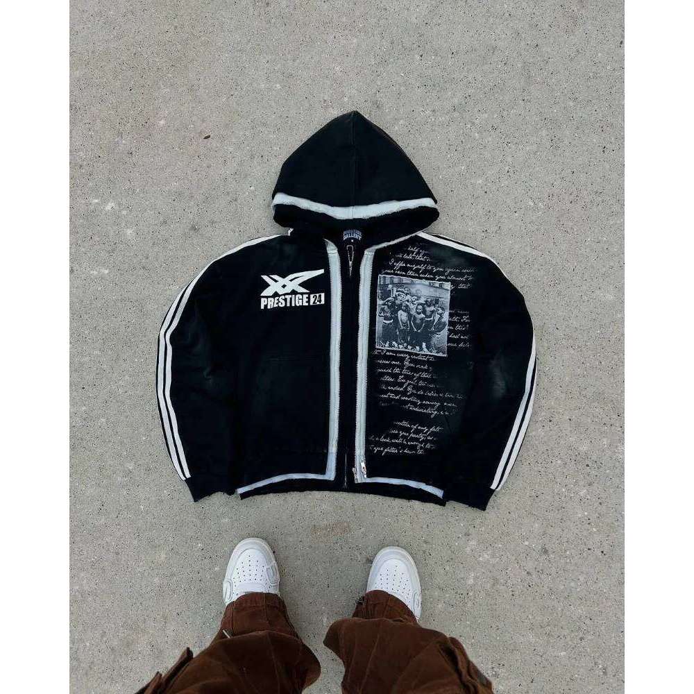 American Fashion Trend Zipper Patchwork Design Coat Hoodie Gothic Haruku Hip Hop Men Streetwear Oversized Sweatshirt