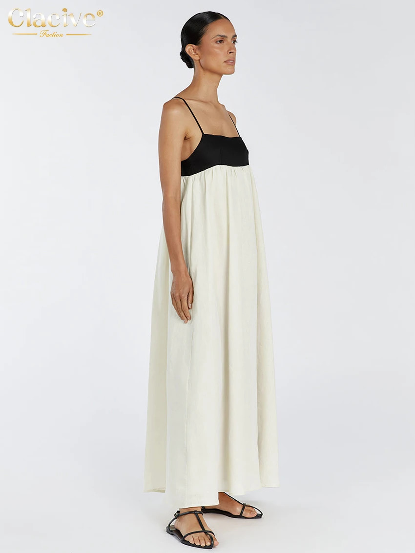 Clacive Sexy Loose Beige Cotton WomenS Dress Summer Strap Sleeveless Ankle Length Dresses Elegnat Classic Female Dress 250813