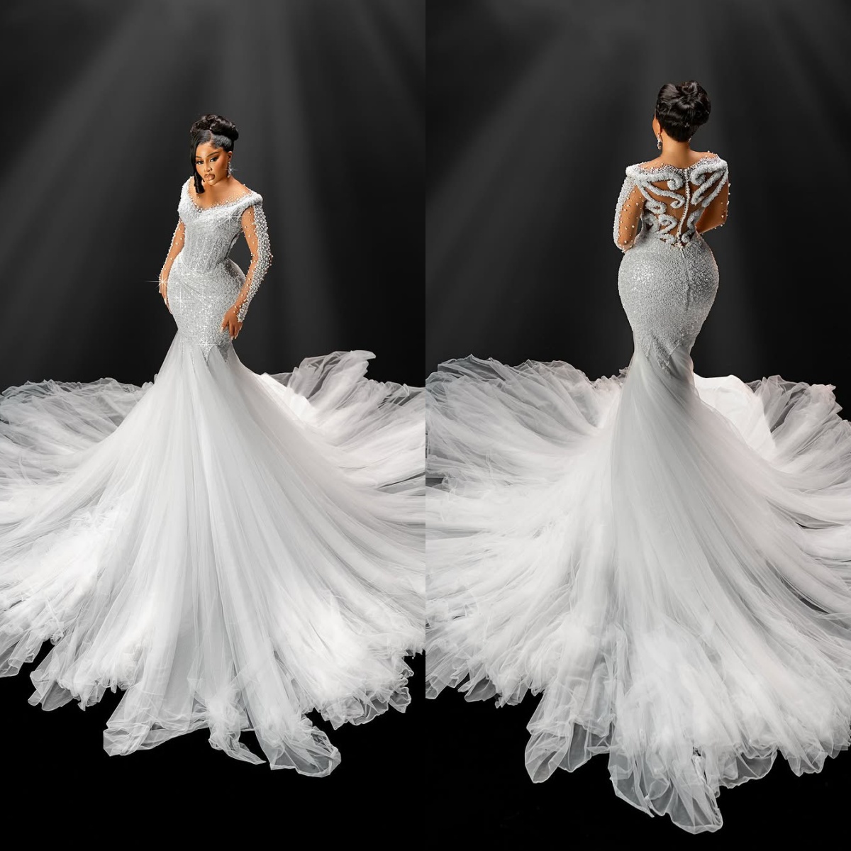 Fashion Mermaid Wedding Dress Sheer Neck Long Sleeves Bridal Gowns Sequins Pearls Sweep Train Dresses Custom Made vestidos de novia