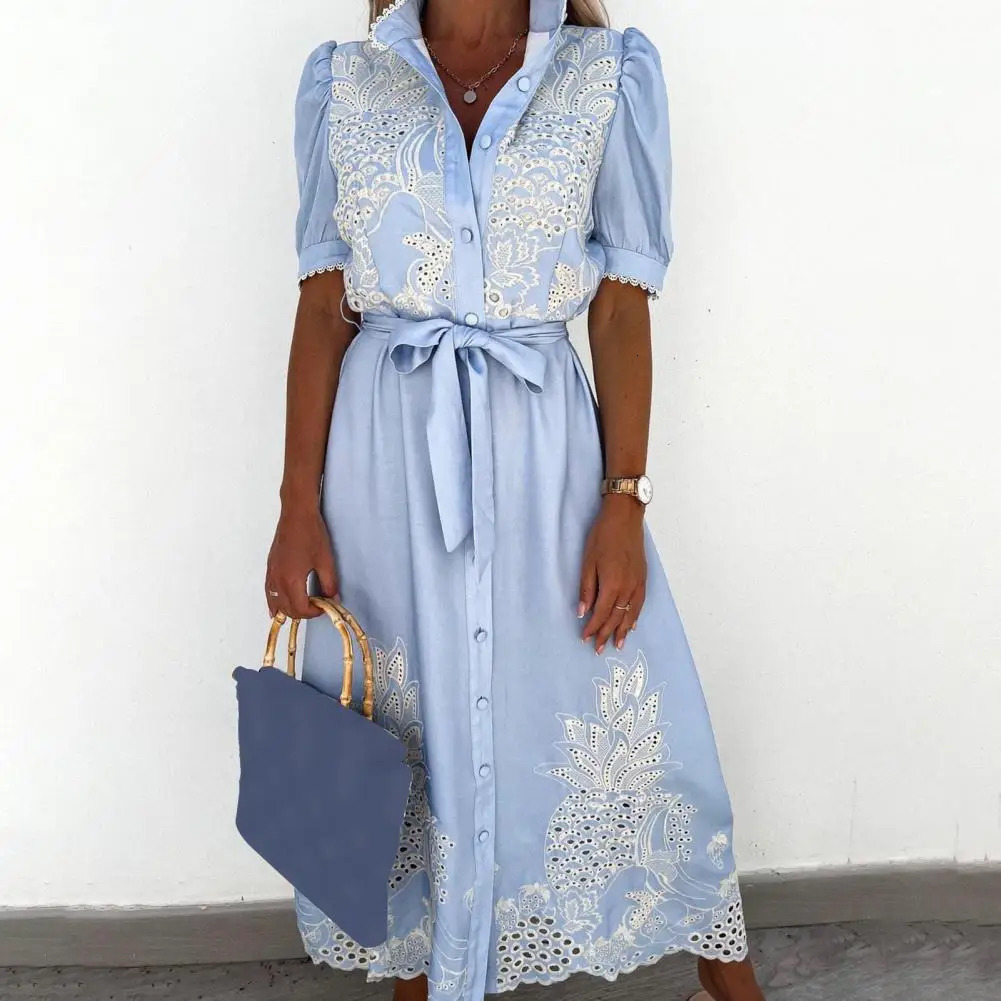 Lace-up Women Shirt Dress Summer Elegant Single Breasted Puff Sleeve Maxi Dress Vestidos Bohemian Sundress Party Robe 250813