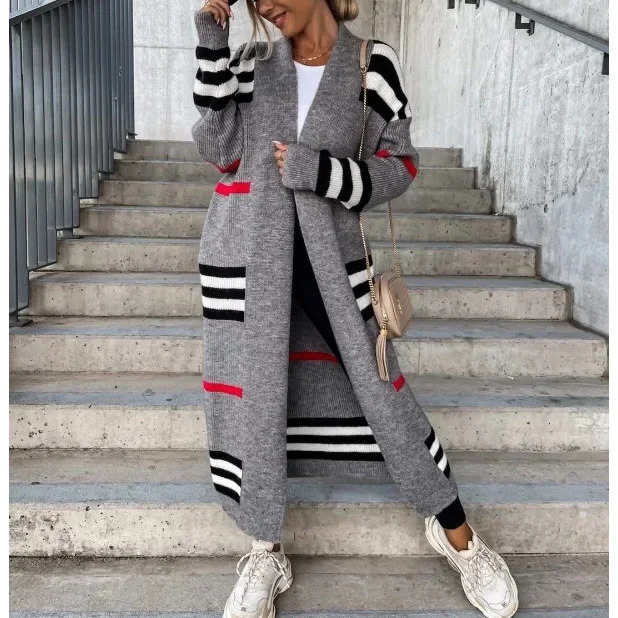 Women Sweater Spring Autumn Cardigan Coats Casual Stripes Knitted Clothe Oversized Long Coat 250812