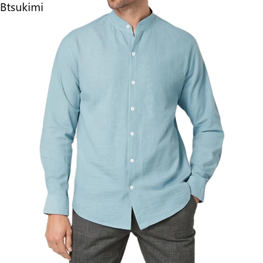 Spring Autumn Mens Casual Shirt Business Style Linen Striped Stand Collar Long Sleeve Cardigan 250813