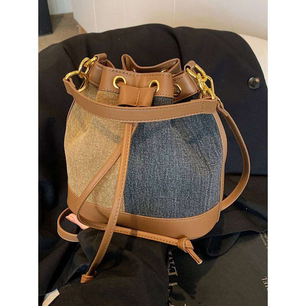 Vintage Women Bucket Bag Contrast Color String Handle Bags Large Capacity Female Commuting Messenger Shoulder Pack