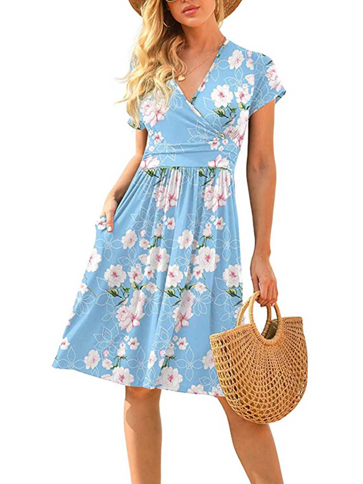 2024 Spring/Summer New Womens Long Skirt V-neck Short Sleeve Pocket Printed Loose Dress in Europe and America XJ250814