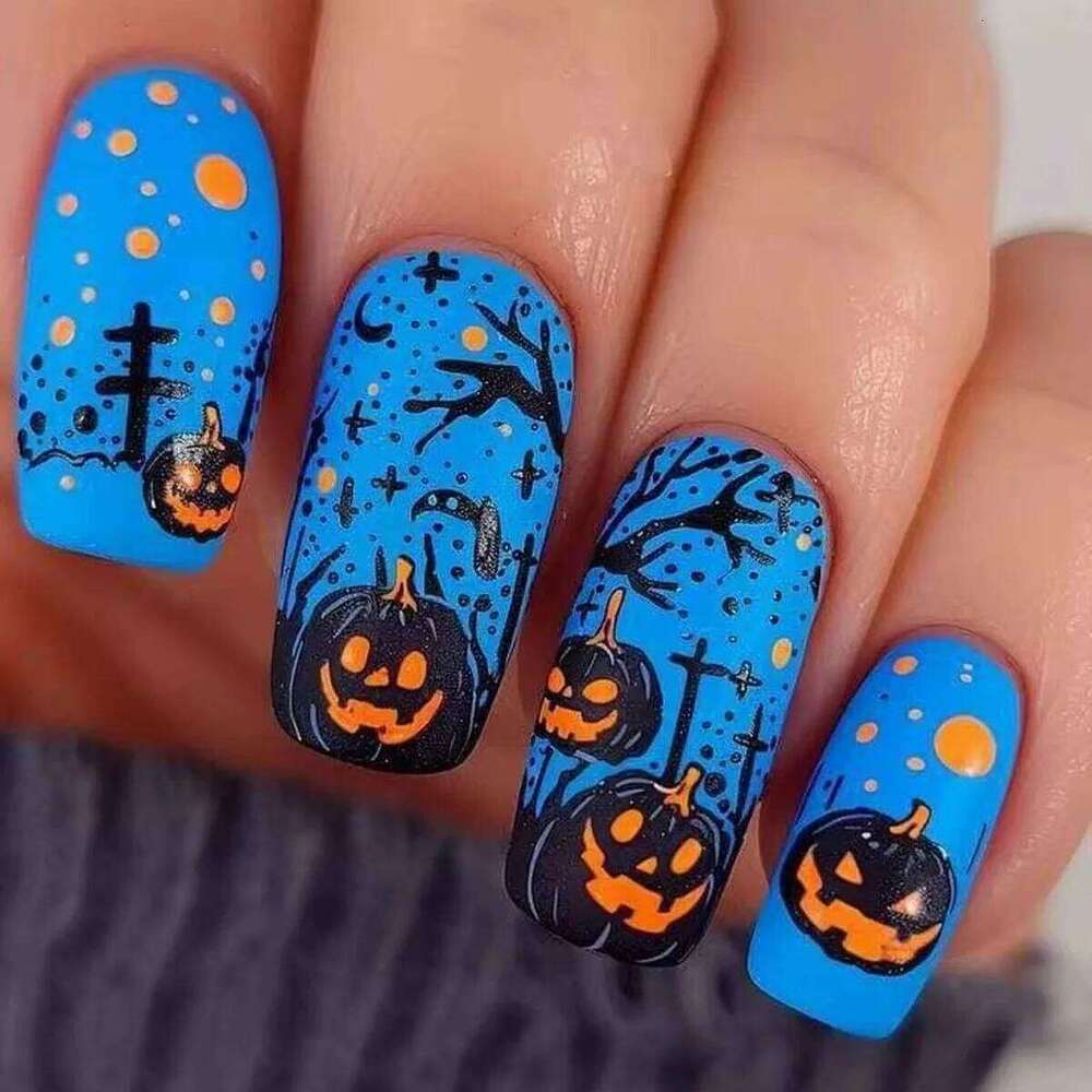 24pcs Halloween Blue Frosted Fake Long Ballet Ghost Pumpkin False Design Press On Nails Square Horror Artificial Nail X250814