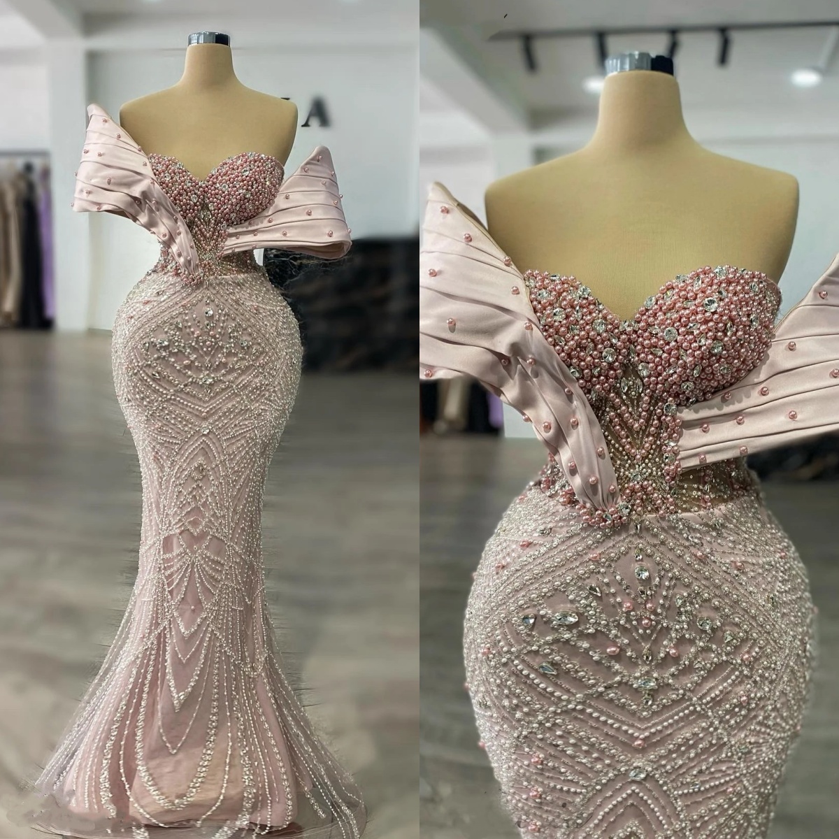 Luxurious Evening Dresses Rhinestone Pearls Prom Gowns Off Shoulder Beading Crystal Sequins Slim Customized Party Vestidos De Noche Plus Size