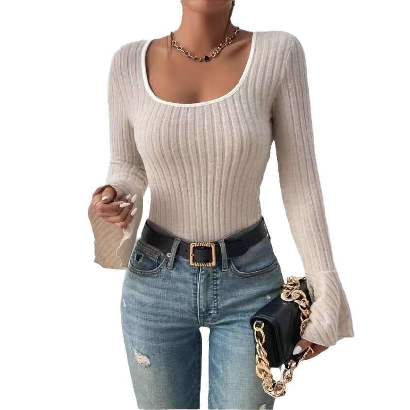 Solid Color Velvet Ribbed Women's Long designer t shirt Flared Sleeve Base Shirt Slim Fit
