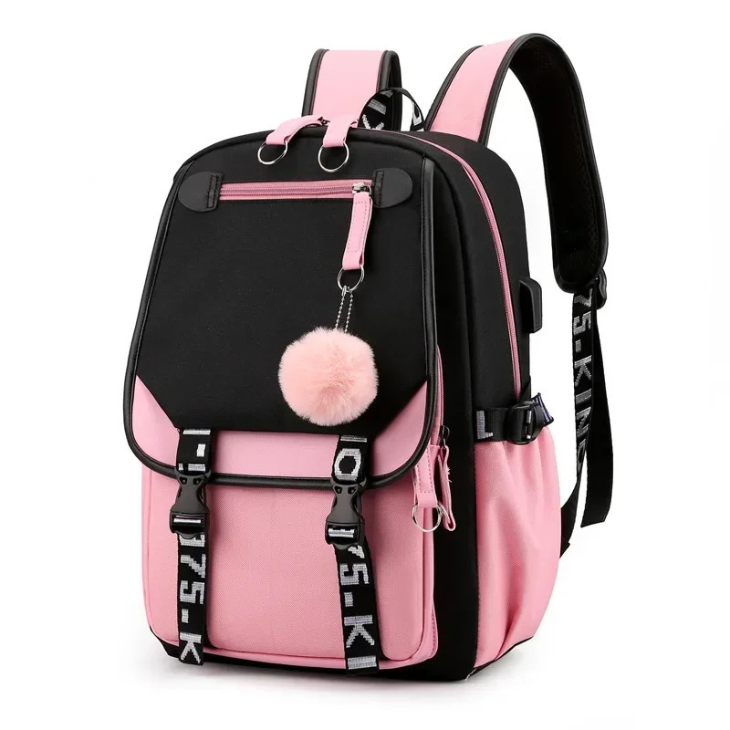 Large School Bags for Teenage Girls USB Port Canvas Schoolbag Student Book Bag Fashion Black Pink Teen School Backpack 250813