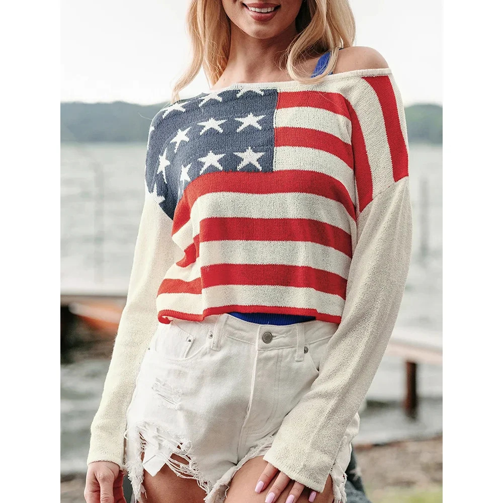 CPSYMYM Womens Sweater Autumn Fashion Fitting Slim American Flag Long Sleeve One-Shoulder Streetwear Sweater 250808