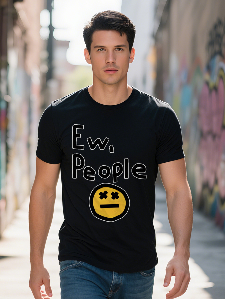 Men s Casual Graphic Print T-Shirt Ew People Text Yellow Joyful Face Design with Lines Black Round Neck Summer Tee